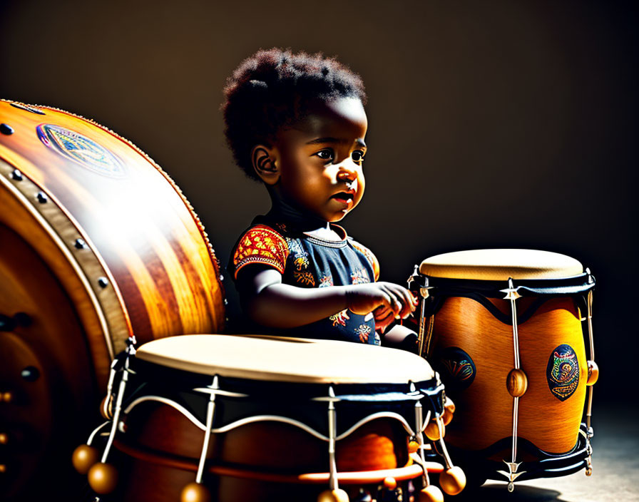 Toddler sitting among large drums with drumstick, thoughtful expression