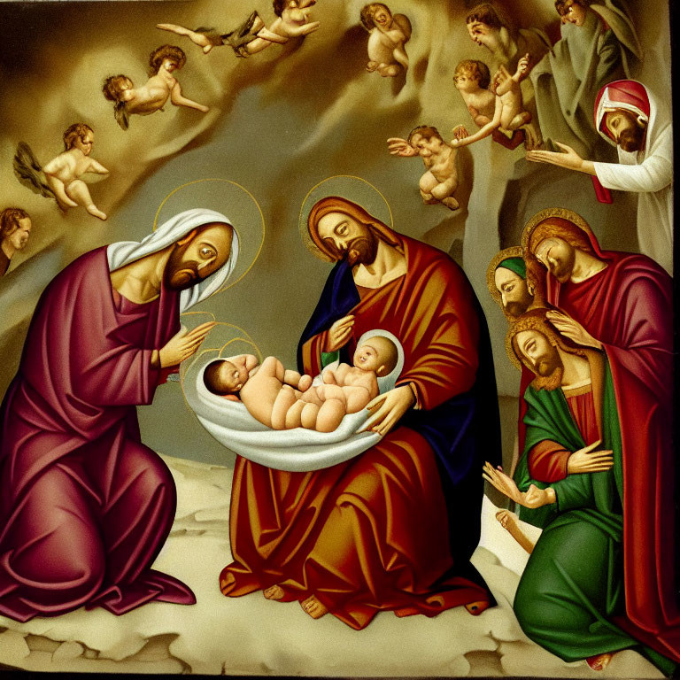 Nativity scene with baby Jesus, Mary, Joseph, and angels