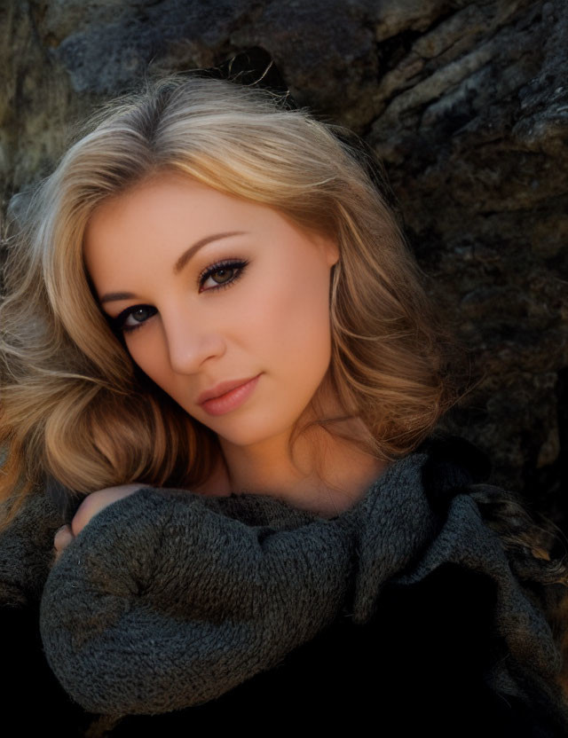 Blond woman in off-the-shoulder sweater smiling against rock backdrop