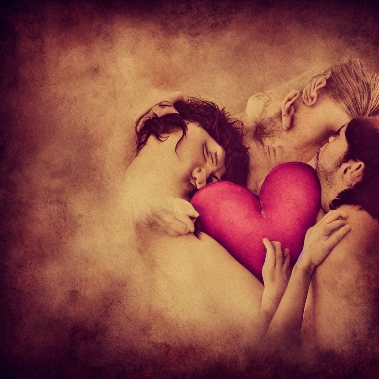 Three People Embracing with Red Heart in Vintage Sepia Tone