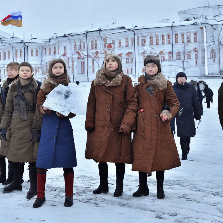 Children in warm coats standing in snow with building and flag.