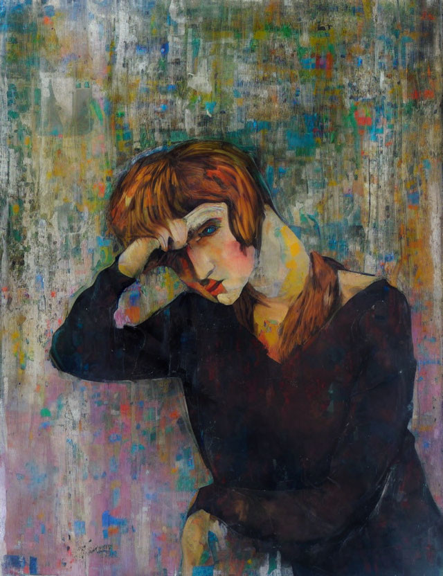 Auburn-Haired Person in Thought Against Abstract Background