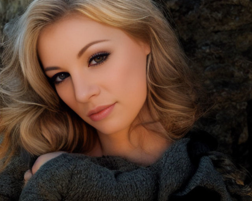 Blond woman in off-the-shoulder sweater smiling against rock backdrop