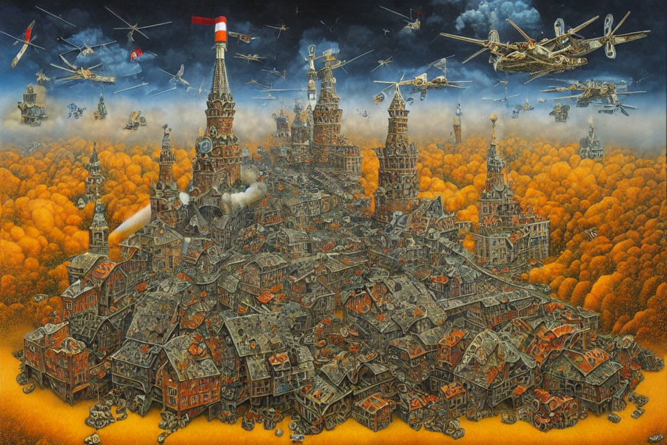 Whimsical autumn cityscape with flying aircraft