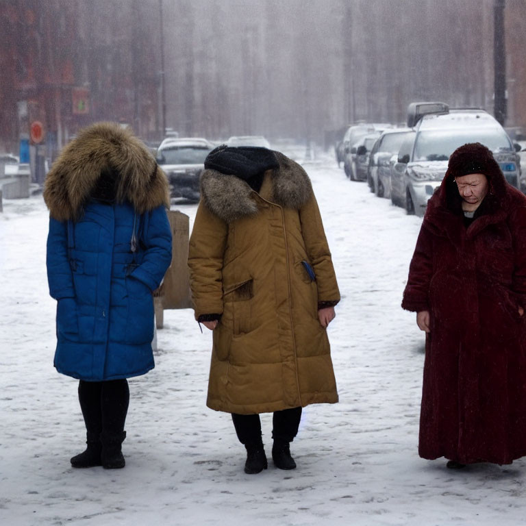 Three people in winter coats walking on snowy street with parked cars and city backdrop.