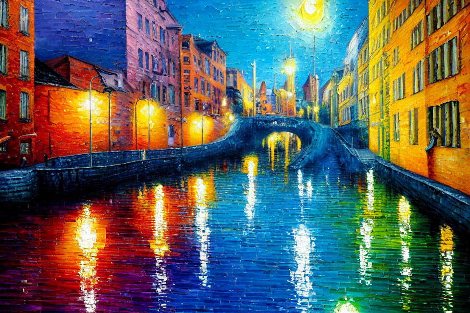 Impressionistic painting of illuminated canal at dusk