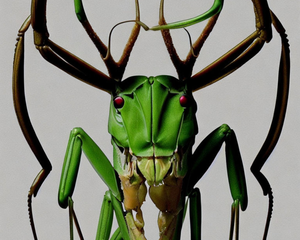 Detailed Close-Up of Green Praying Mantis with Red Eyes