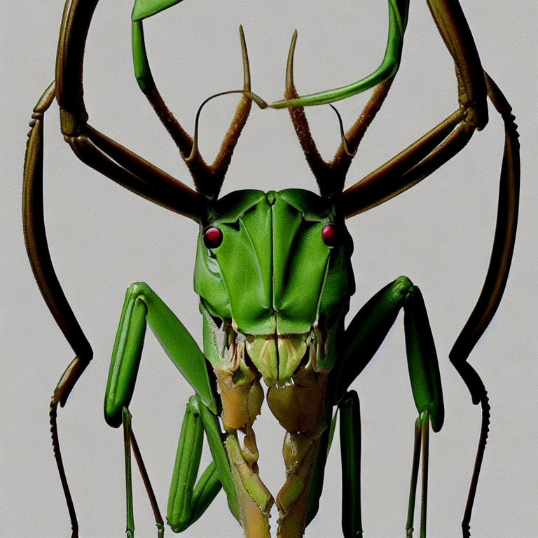 Detailed Close-Up of Green Praying Mantis with Red Eyes