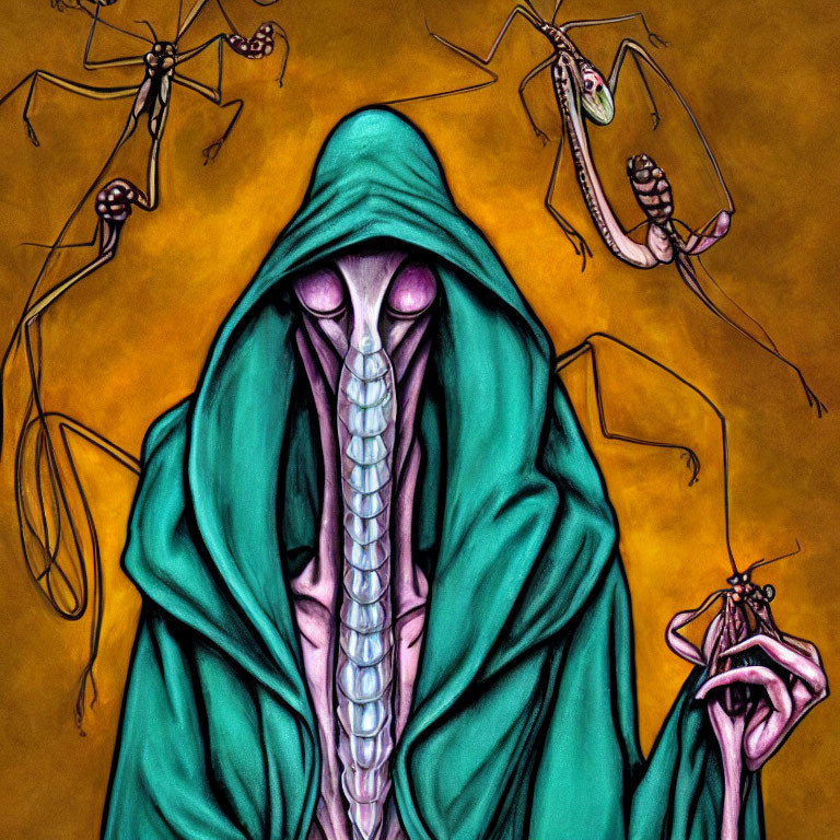 Hooded figure with insect-like head and praying mantises on amber background