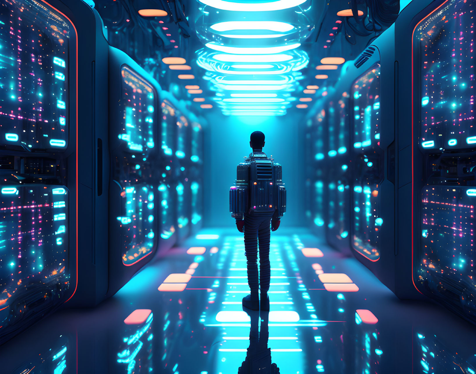 Futuristic corridor with illuminated servers and neon blue lighting