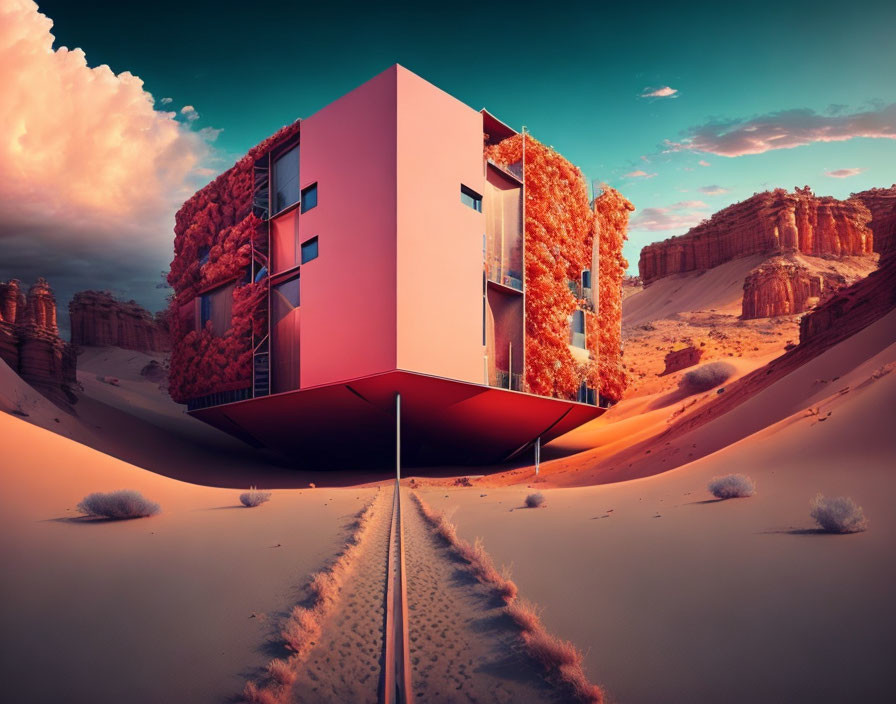 Modern Pink Facade House on Pillar in Desert Landscape