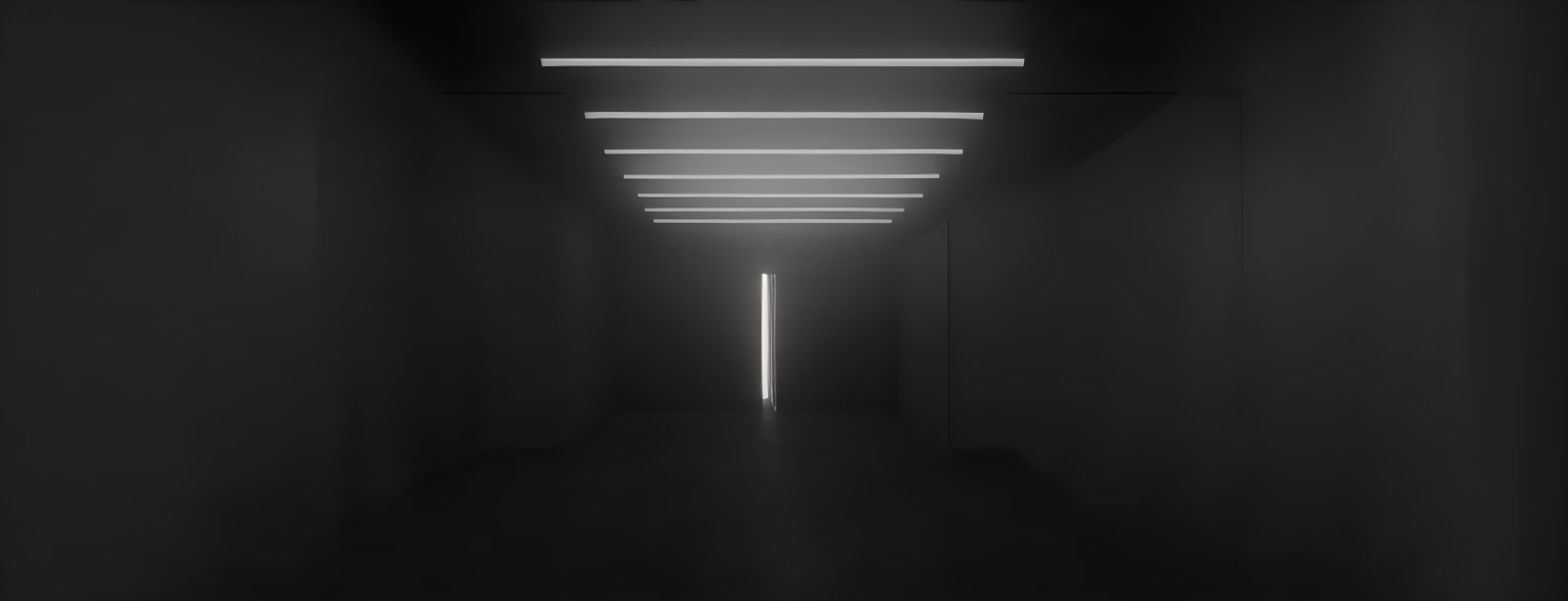 Dimly lit corridor with horizontal ceiling lights and bright vertical slit at end