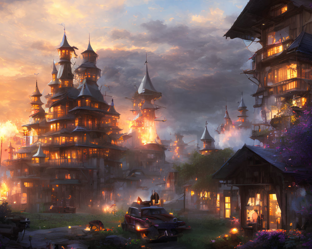 Sunset fantasy village with pagoda-like structures, vintage car, cottages, and blooming flowers