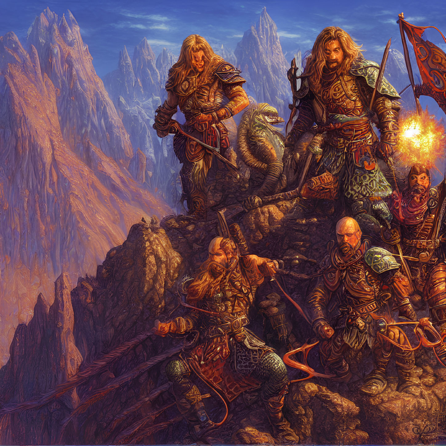 Armored fantasy warriors on mountain terrain with drawn weapons