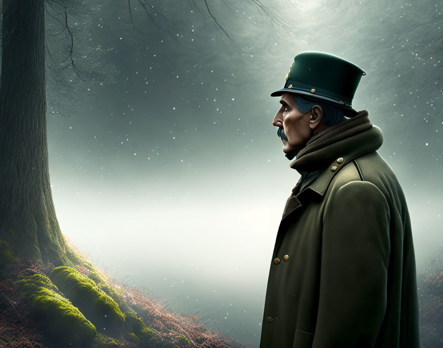 Profiled figure in green uniform and hat against misty forest background.