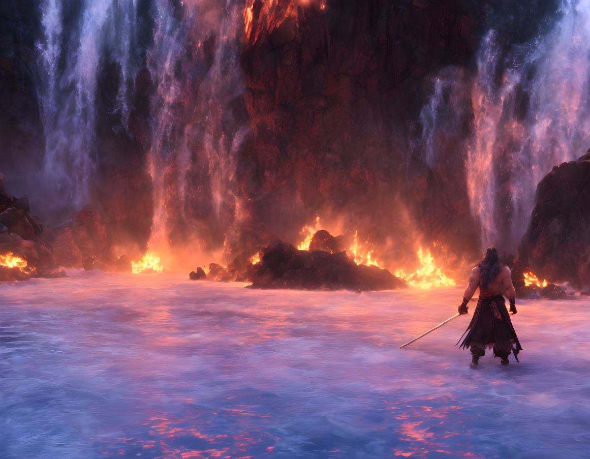 Warrior in river with waterfall and fire-water clash under dusky sky