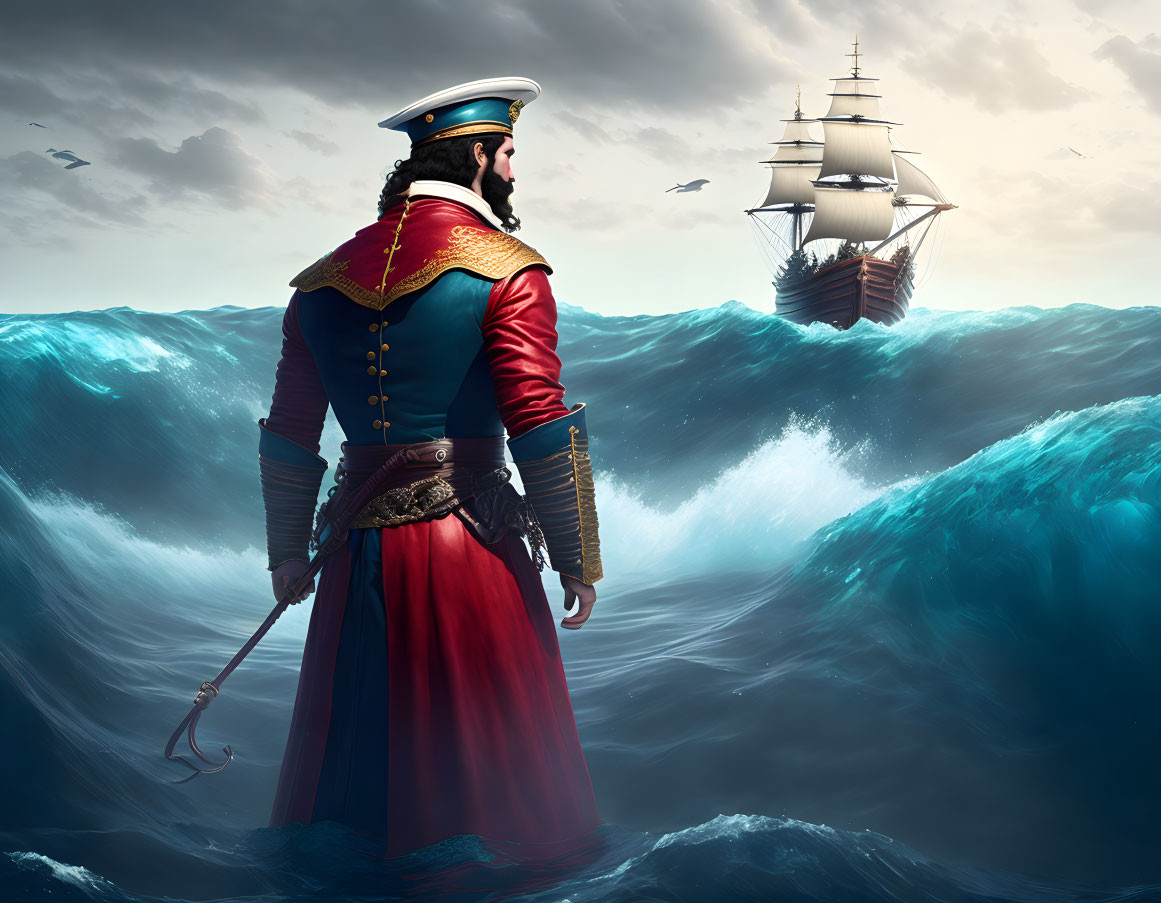 Bearded sea captain in red coat gazes at sailing ship amid stormy seas