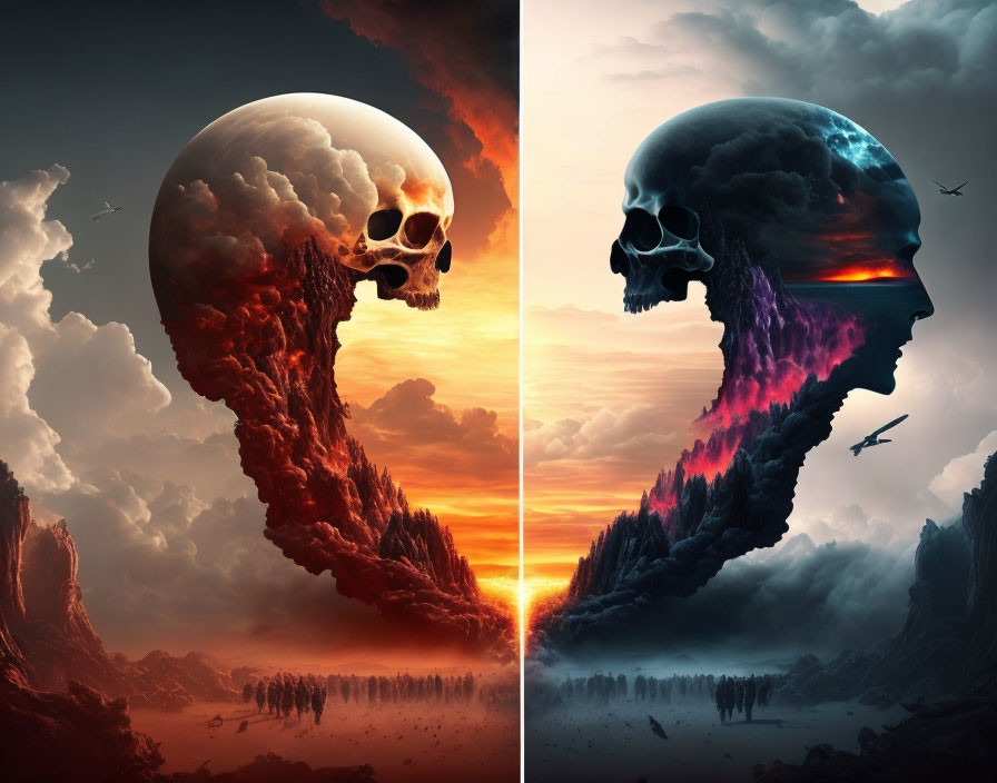 Split surreal scenery: skull-shaped celestial bodies, fiery & cool landscapes, silhouetted birds,