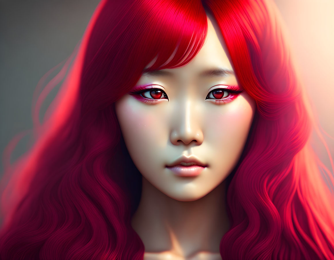 Digital illustration: Person with vibrant red hair, red eyes, soft glowing  complexion. | Deep Dream Generator