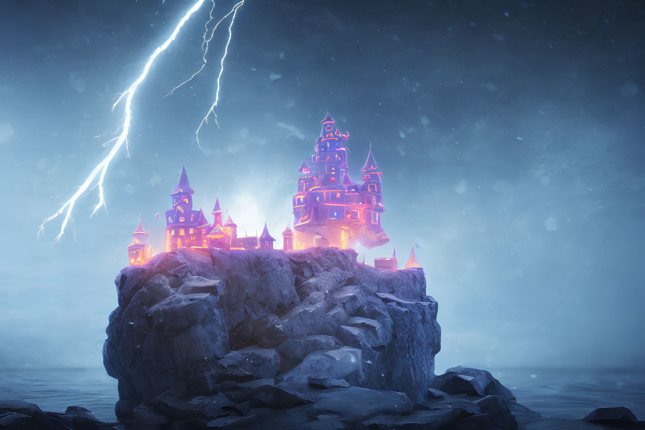 Mystical castle on craggy rock in stormy sea with lightning sky