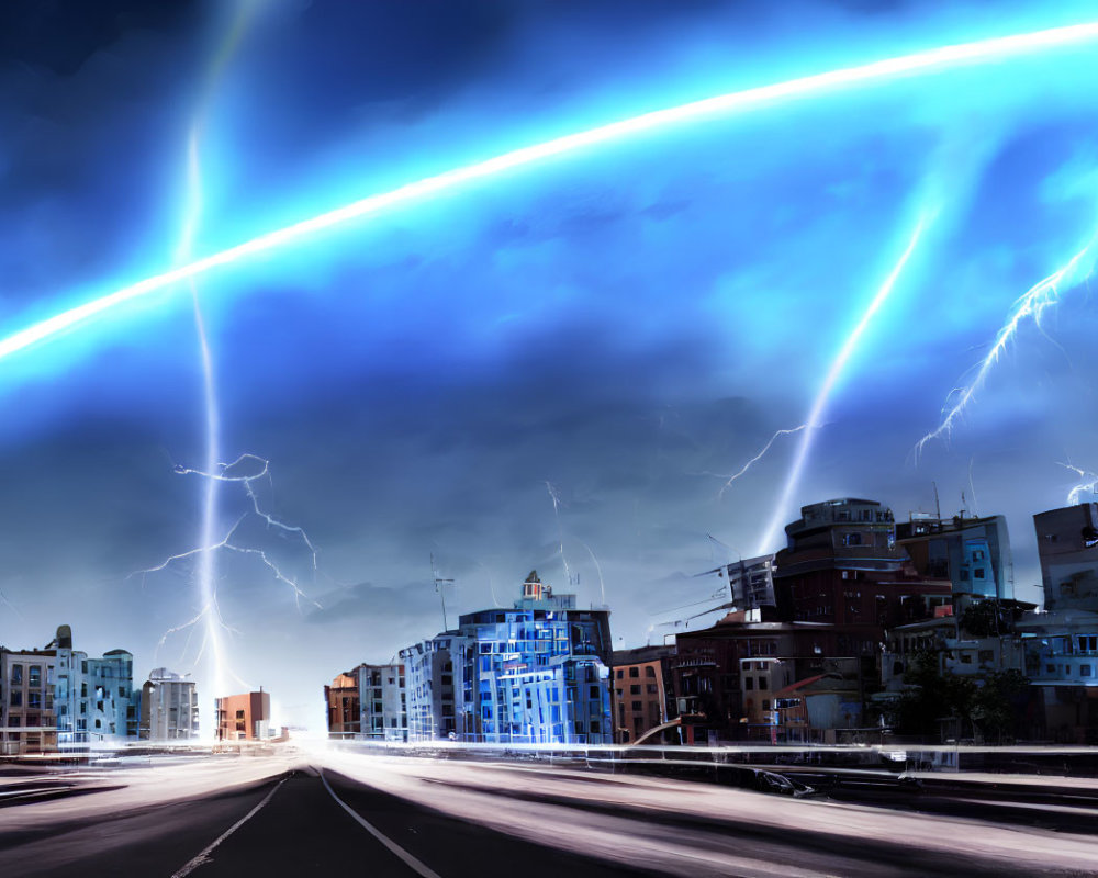 Dramatic cityscape at night with lightning strikes in storm