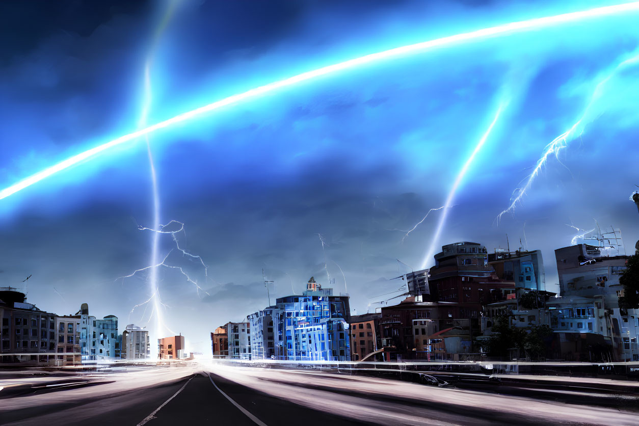 Dramatic cityscape at night with lightning strikes in storm