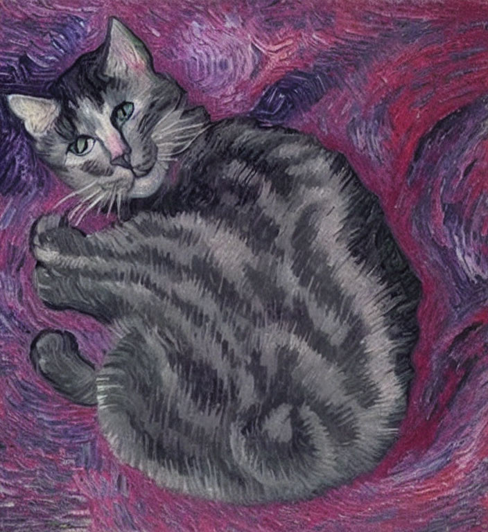 Grey and White Cat Curled Up on Purple and Pink Van Gogh-Inspired Background