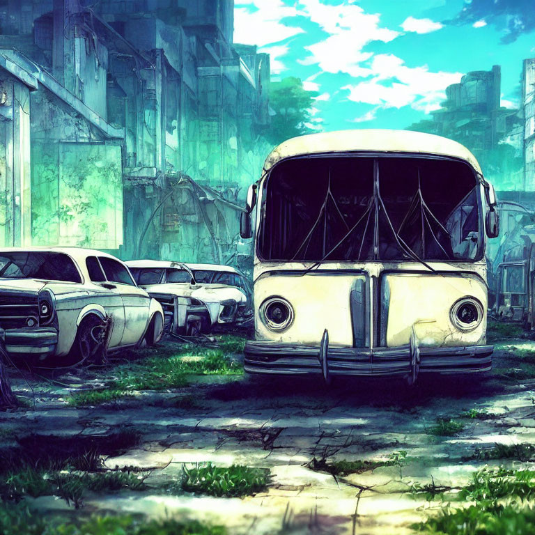 Abandoned bus and cars in overgrown post-apocalyptic cityscape