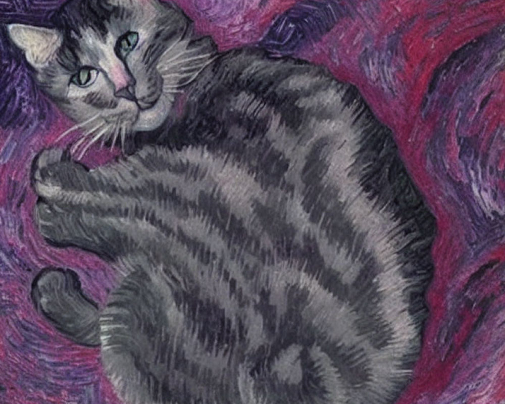 Grey and White Cat Curled Up on Purple and Pink Van Gogh-Inspired Background