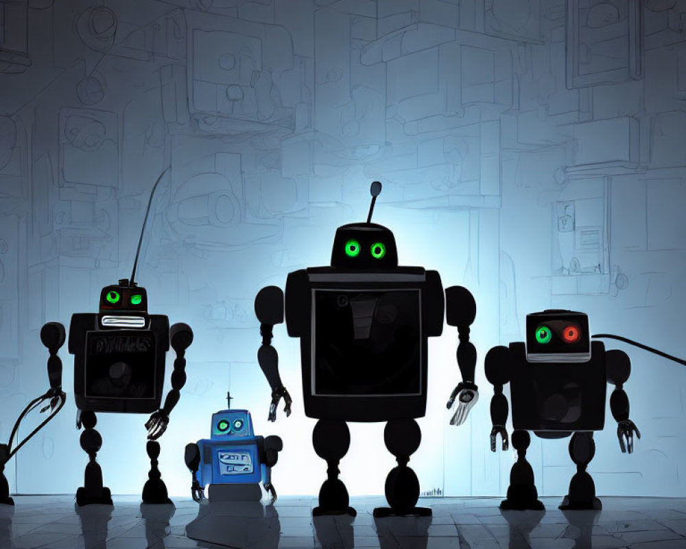 Four Cartoon Robots with Illuminated Eyes on Technical Drawings