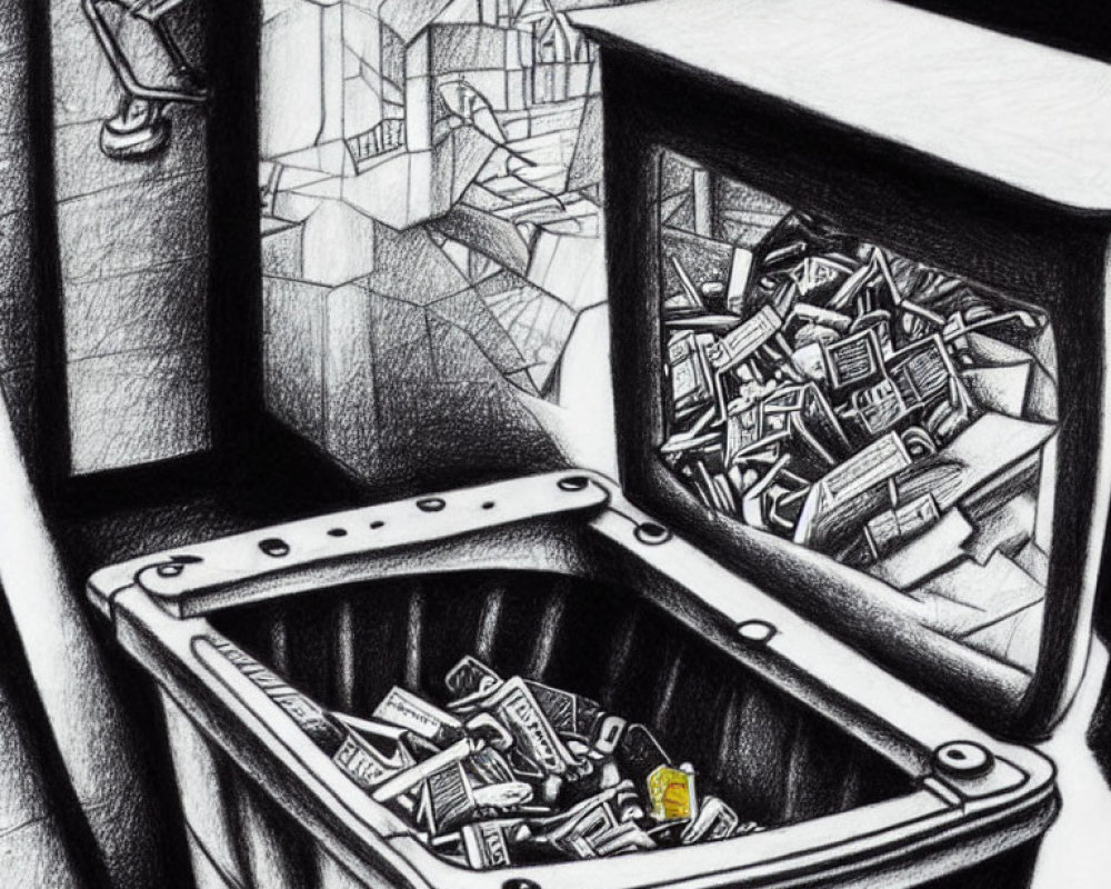 Detailed graphite drawing of open suitcase, books, geometric shapes, and lamp