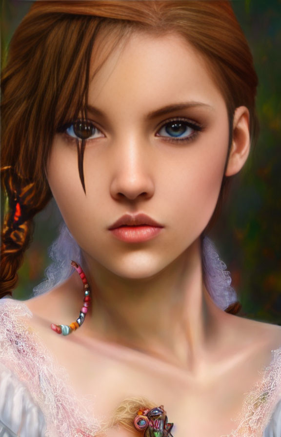 Young woman digital artwork: brown hair, blue eyes, beaded necklace, white blouse, contemplative