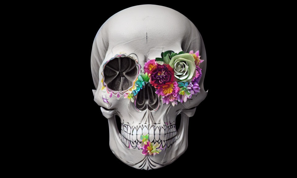 Colorful floral patterns on decorated skull against black background