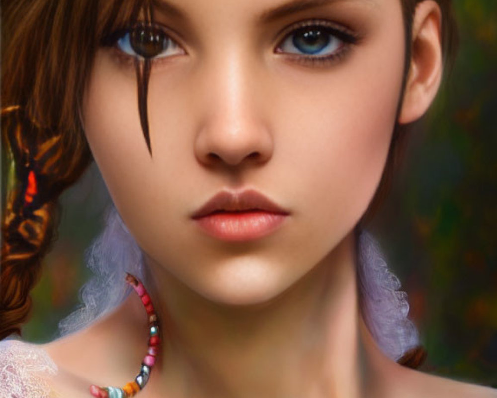 Young woman digital artwork: brown hair, blue eyes, beaded necklace, white blouse, contemplative