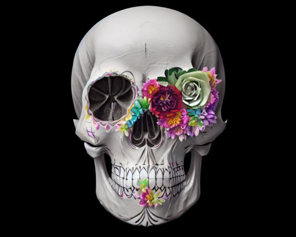 Colorful floral patterns on decorated skull against black background