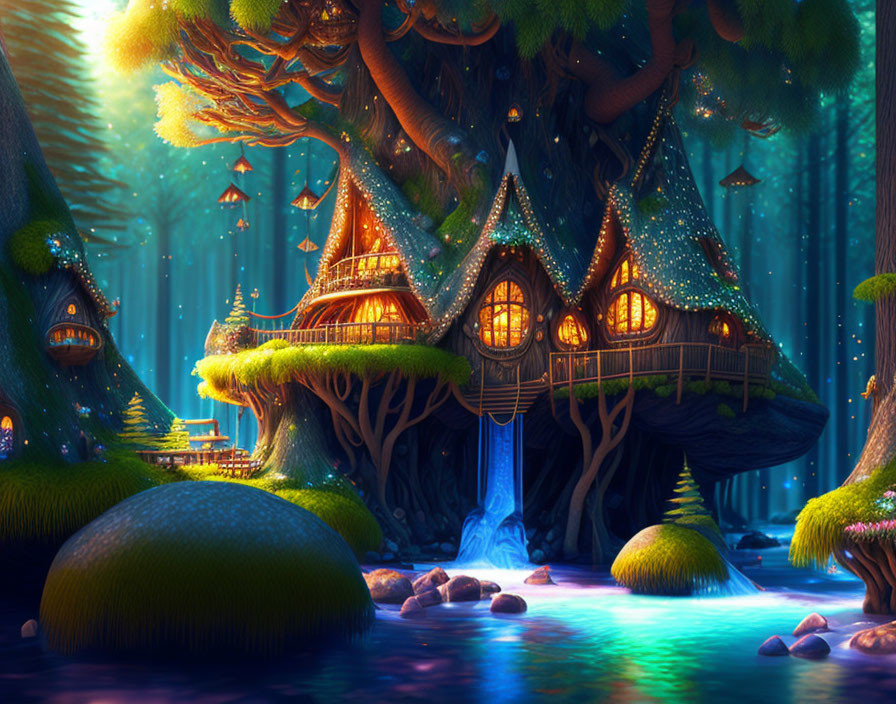 Luminescent forest scene with treehouse, blue stream, and twilight lights