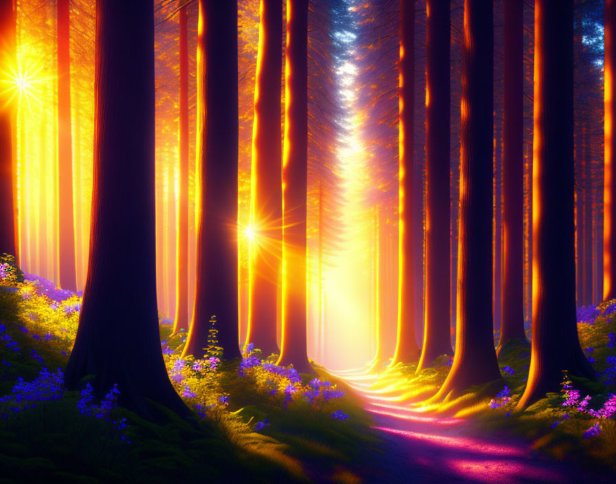 Enchanting Forest with Tall Trees and Purple Flowers