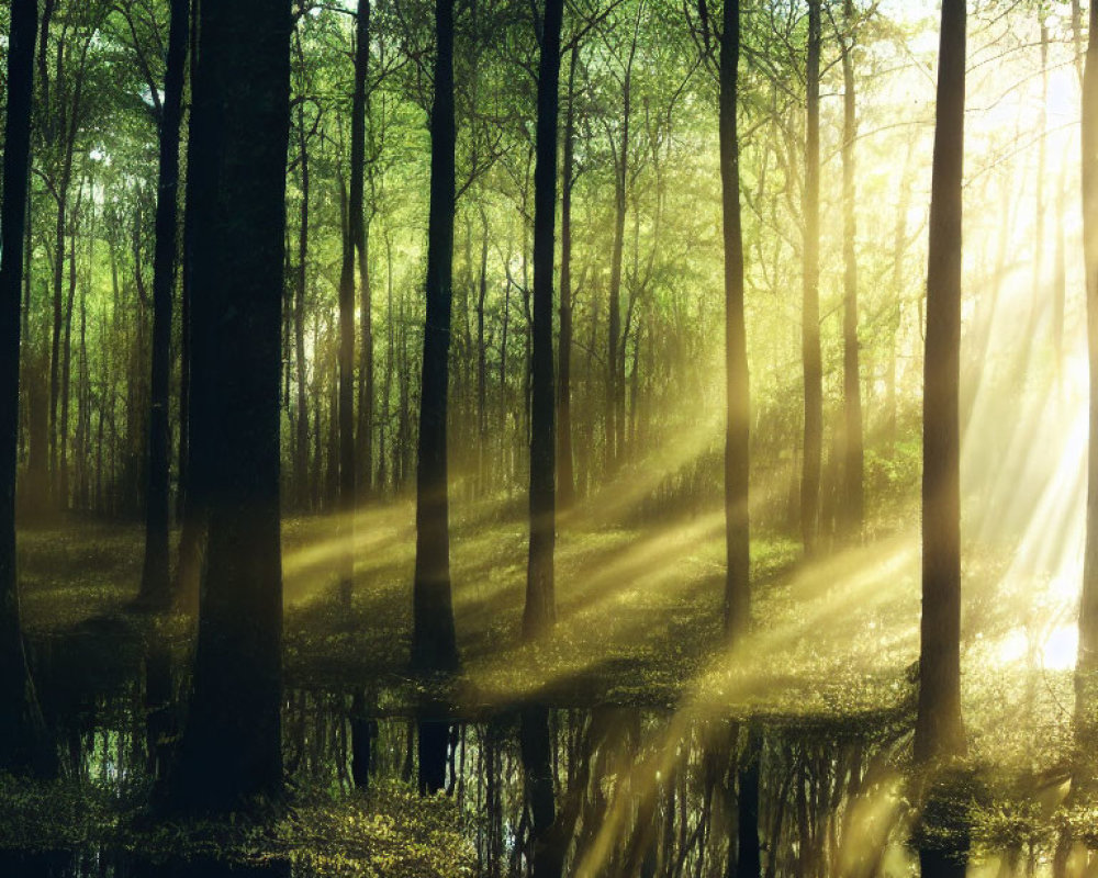 Dense forest with sunlight streaming over calm water