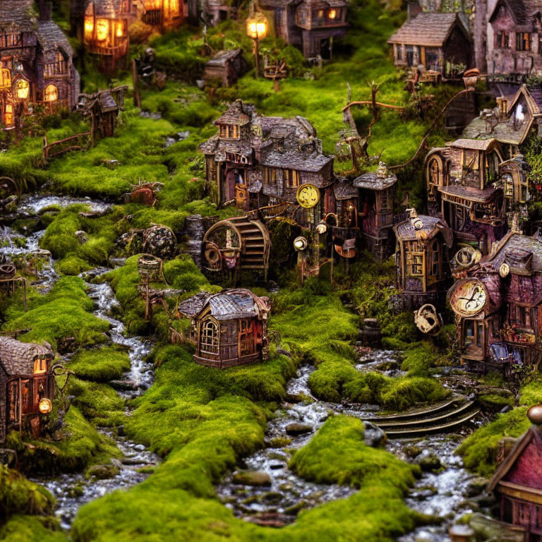 Miniature fantasy village with moss-covered houses and waterwheels