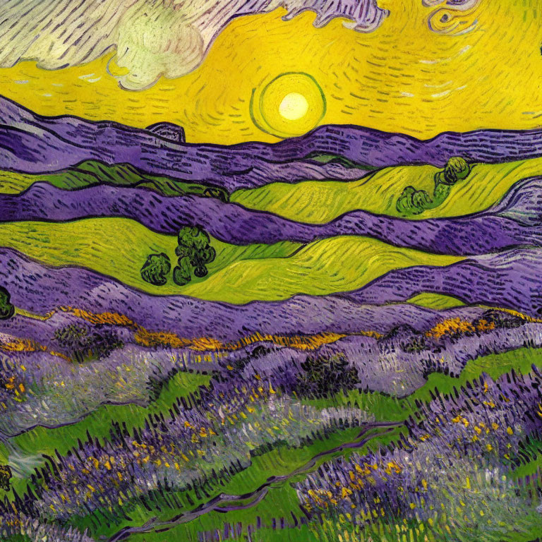 Colorful painting: swirling yellow sky, bright sun, purple hills, green bushes, yellow flowers.