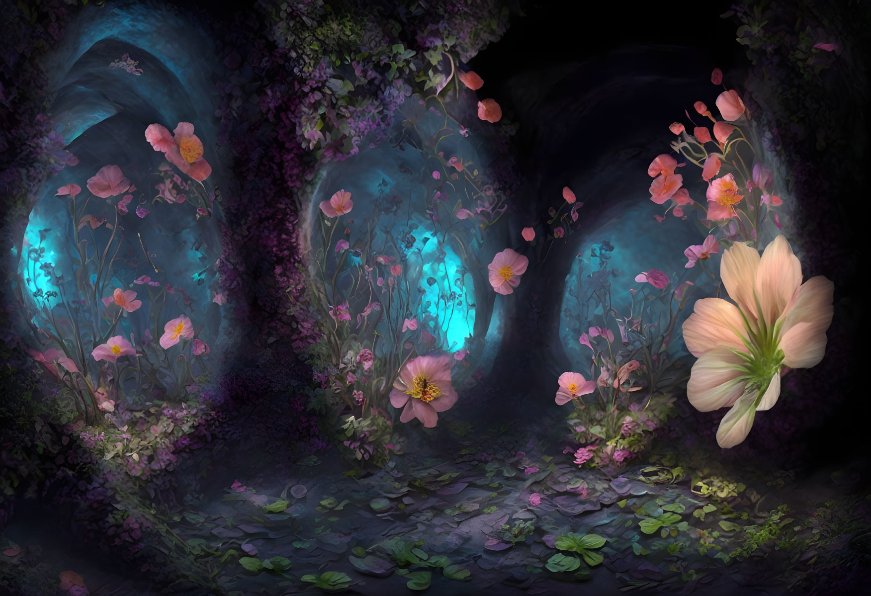 Ethereal underwater scene with radiant flowers and foliage