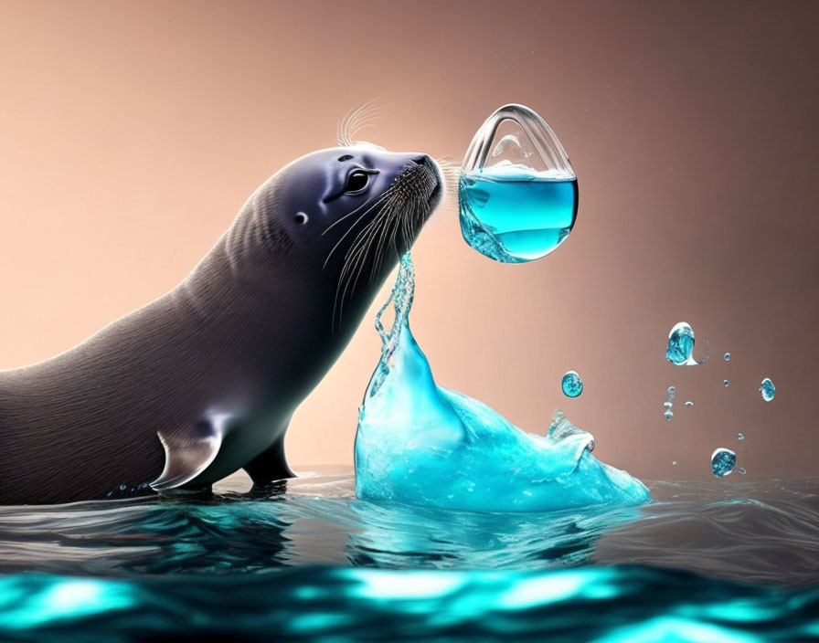 Playful seal interacting with suspended water splash on brown background