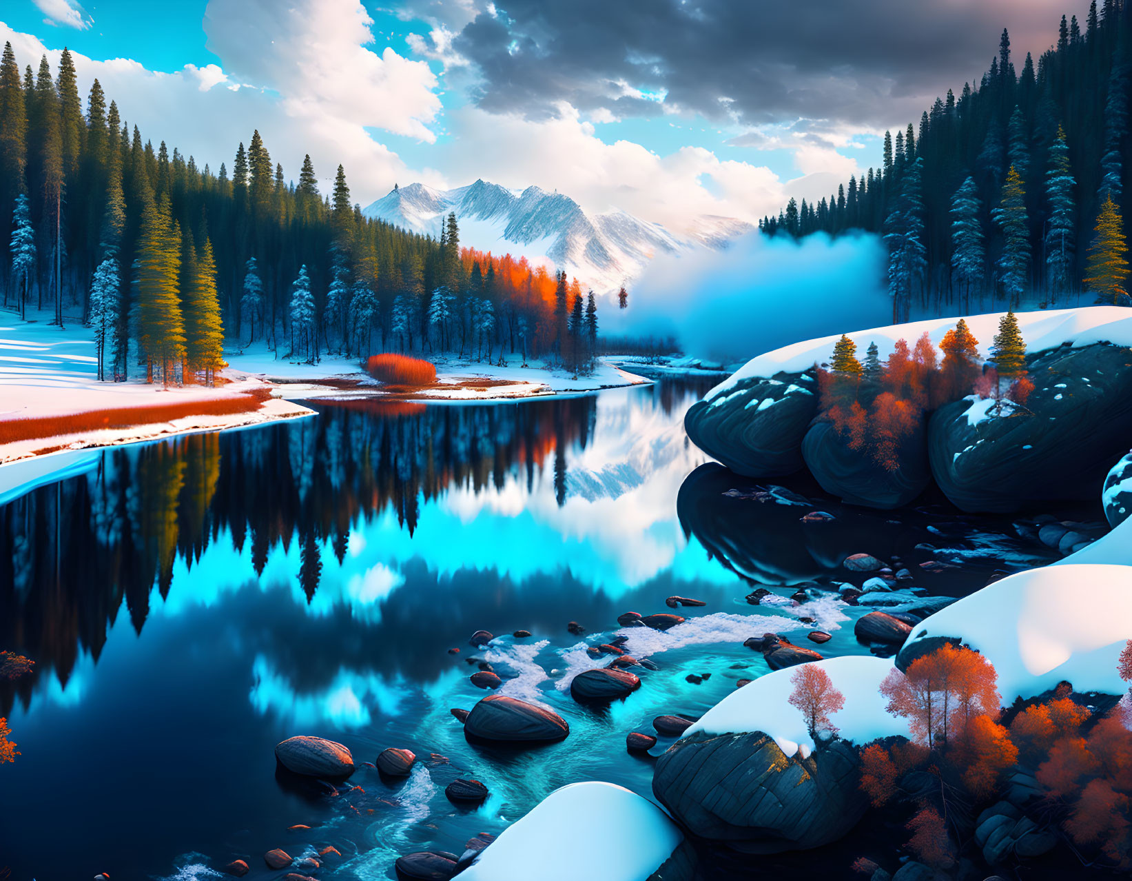 Snowy Mountain Landscape with Lake and Autumn Transition