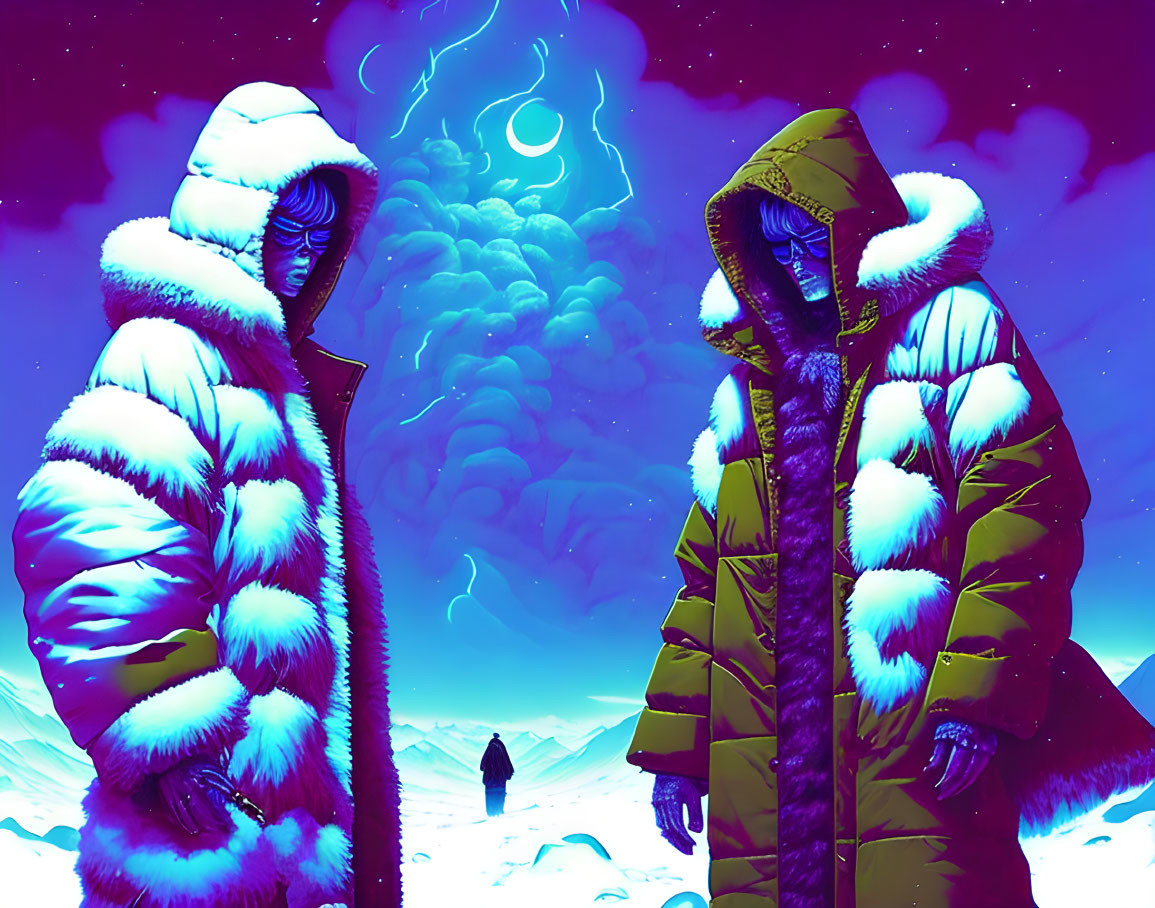 Surreal icy landscape with two people in winter jackets