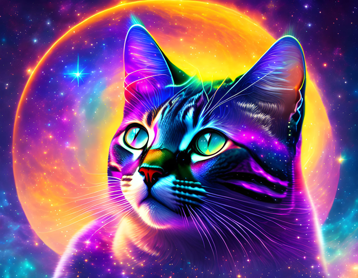 Colorful digital cat artwork with luminescent fur in space setting