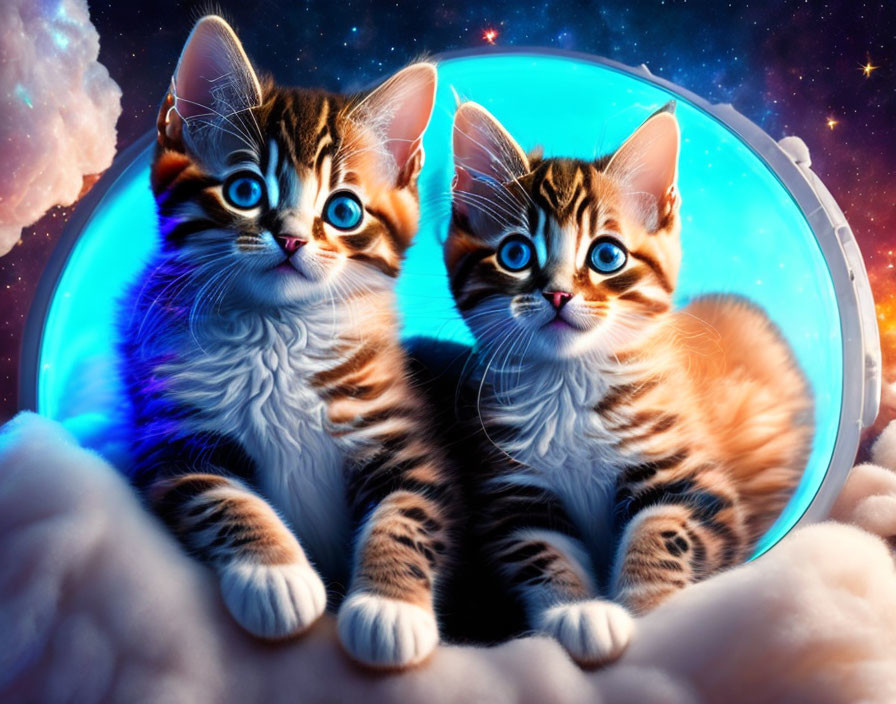 Two curious kittens in transparent bubble against cosmic backdrop