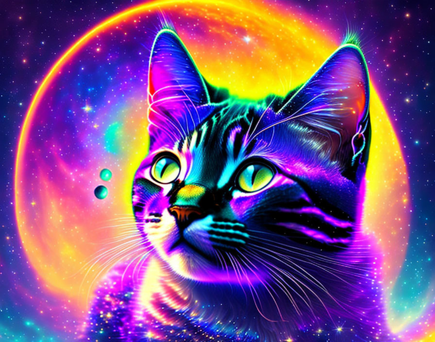 Colorful Cosmic Cat Artwork Against Space Background