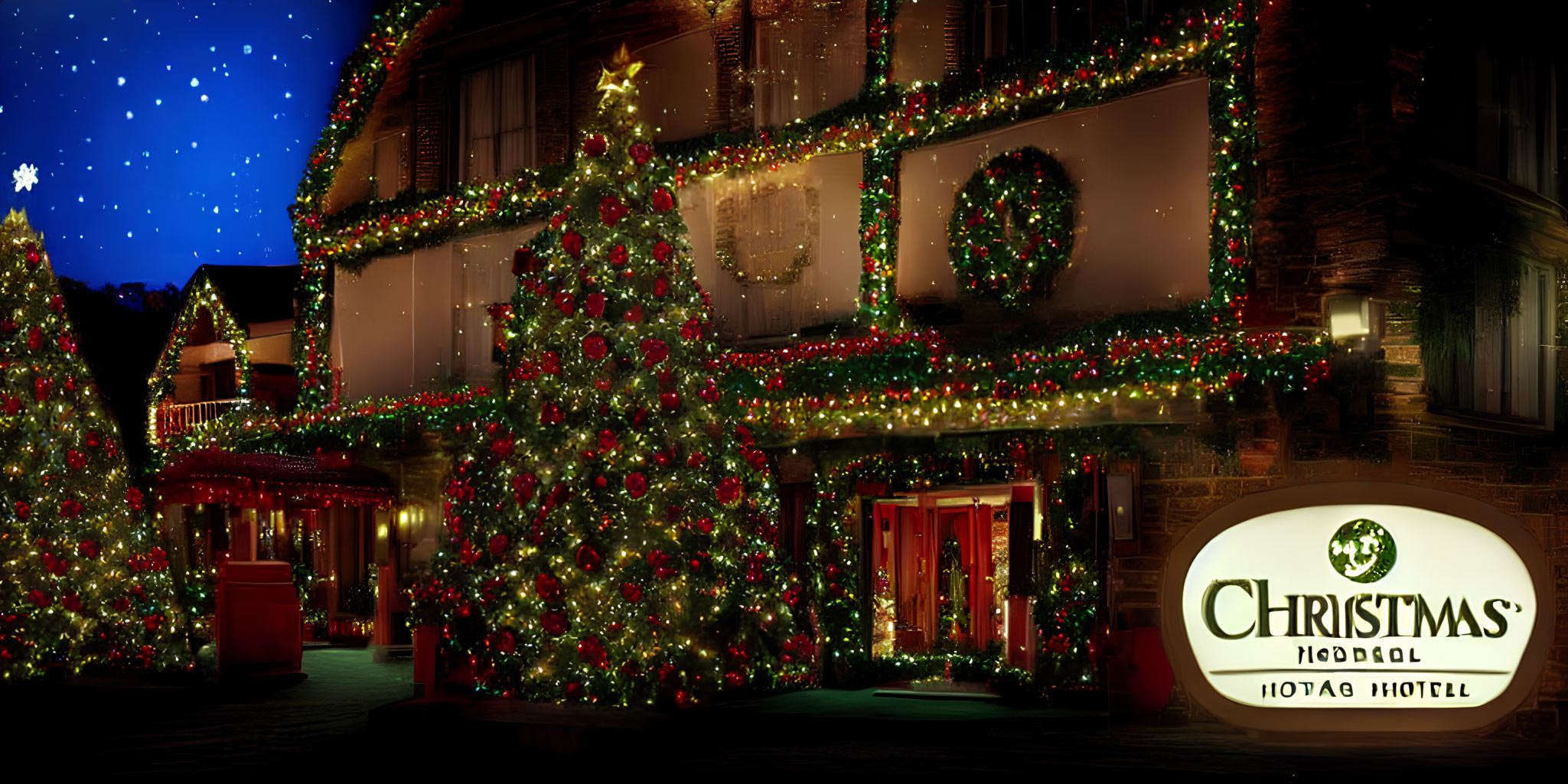 Festive Christmas hotel with bright lights and decorations in snowy night.