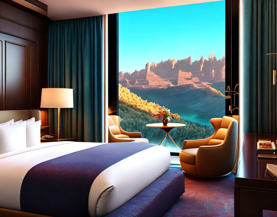 Luxurious Room with Large Bed, Modern Furniture, Canyon and Lake View