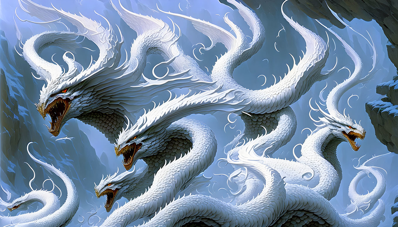 Three-headed white dragon digital painting with gold-tipped scales on craggy cliffs.